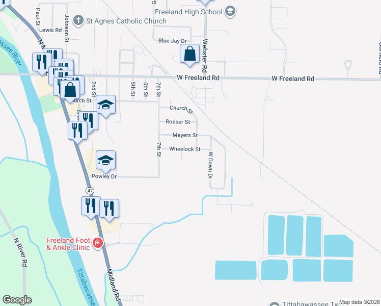 map of restaurants, bars, coffee shops, grocery stores, and more near 530 West Dawn Drive in Freeland