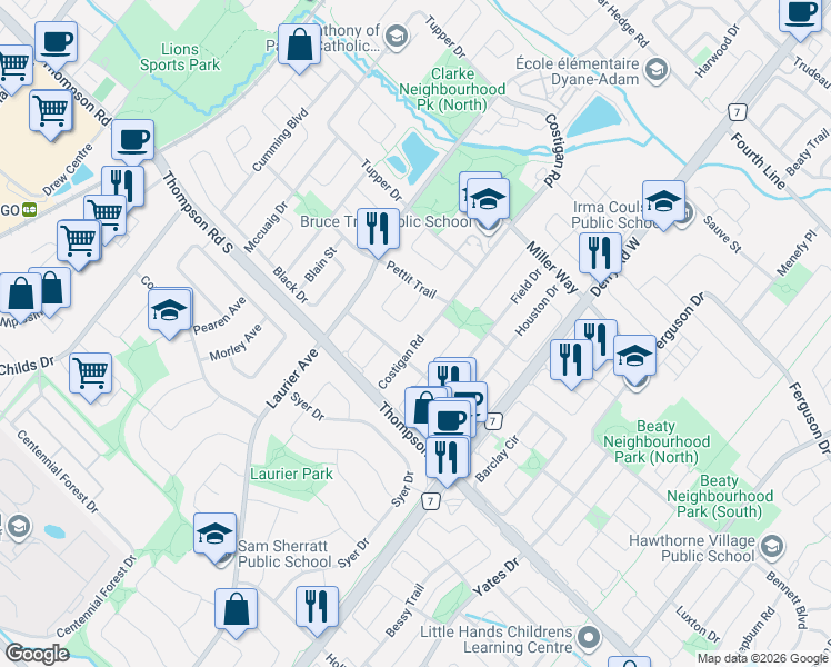map of restaurants, bars, coffee shops, grocery stores, and more near 1079 Costigan Road in Milton