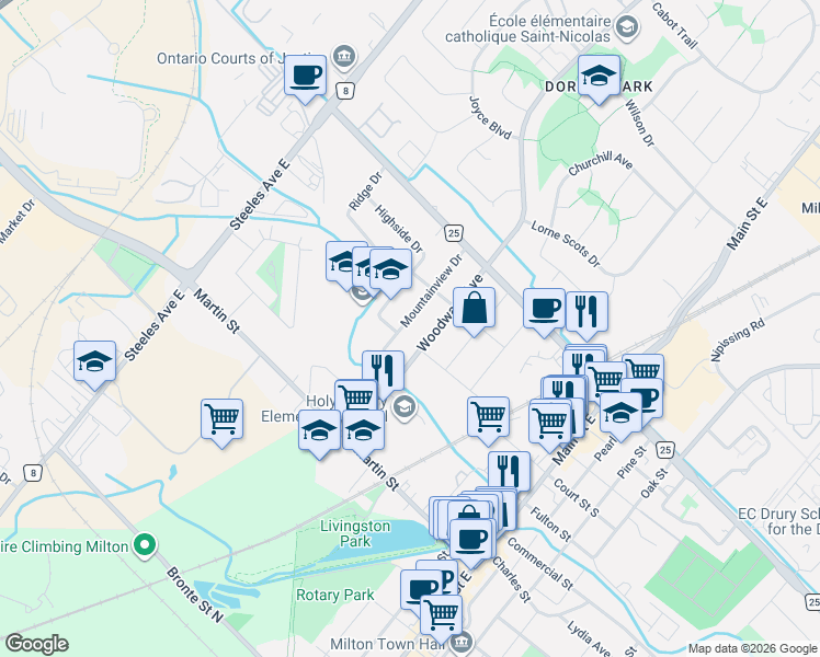 map of restaurants, bars, coffee shops, grocery stores, and more near 348 Mountainview Drive in Milton