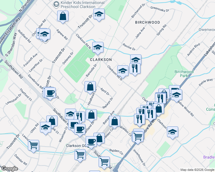 map of restaurants, bars, coffee shops, grocery stores, and more near 1055 Welwyn Drive in Mississauga