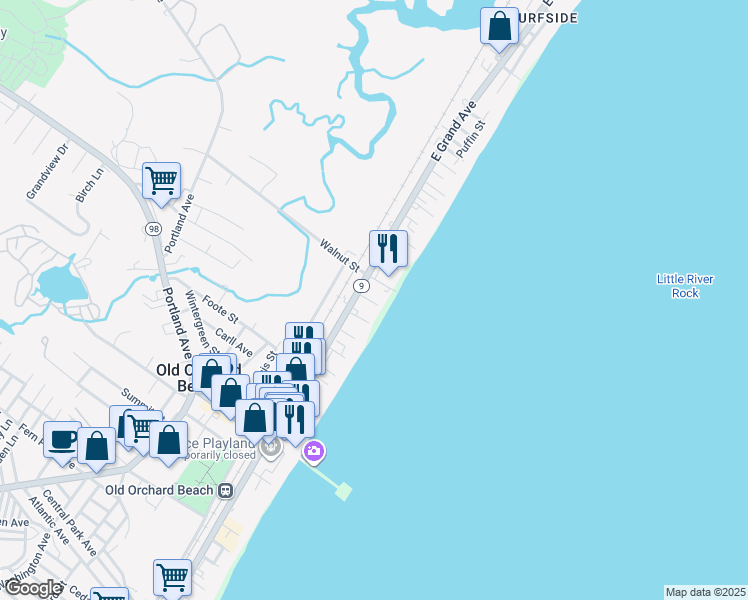 map of restaurants, bars, coffee shops, grocery stores, and more near 2 Cleaves Street in Old Orchard Beach