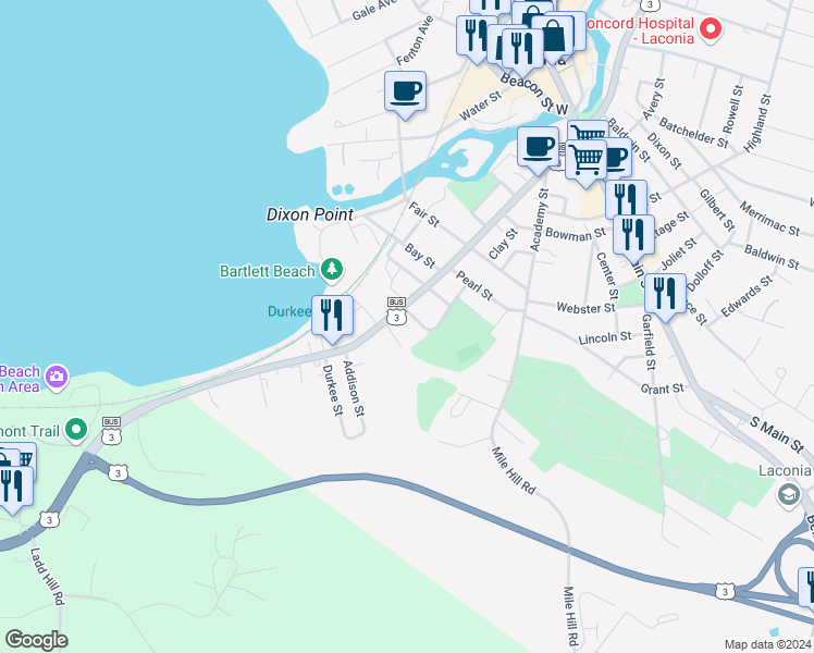 map of restaurants, bars, coffee shops, grocery stores, and more near 25 Mathews Court in Laconia