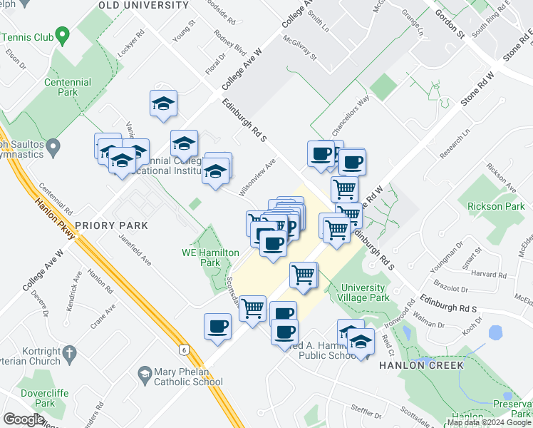 map of restaurants, bars, coffee shops, grocery stores, and more near 434 Scottsdale Drive in Guelph
