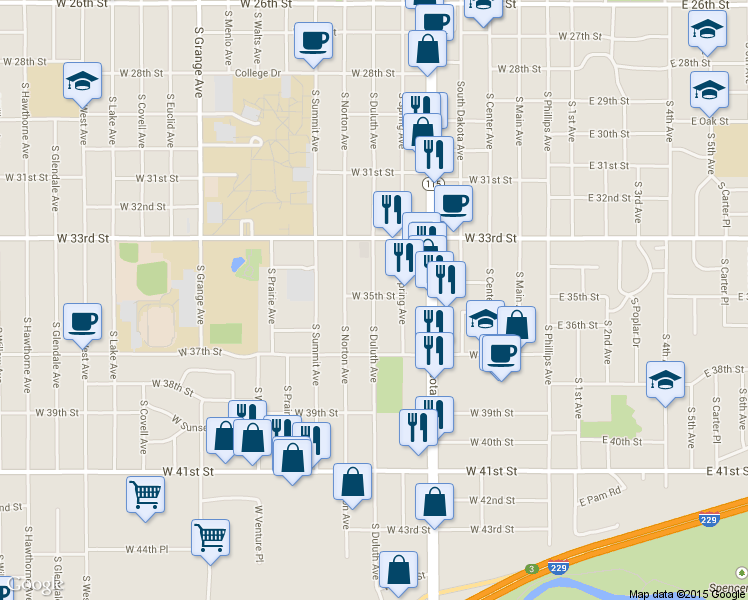 map of restaurants, bars, coffee shops, grocery stores, and more near 2712 S Duluth Ave in Sioux Falls