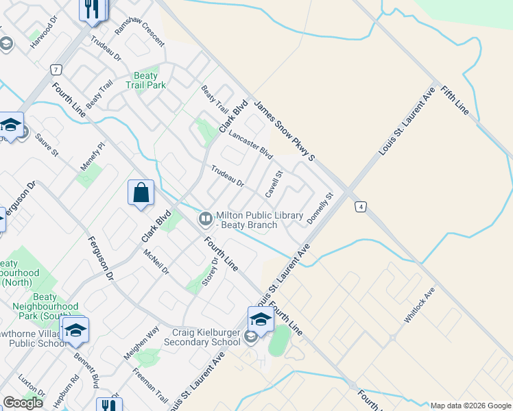 map of restaurants, bars, coffee shops, grocery stores, and more near 1580 Earl Crescent in Milton