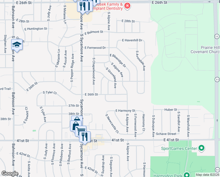 map of restaurants, bars, coffee shops, grocery stores, and more near 2600-2720 South Maywood Drive in Sioux Falls