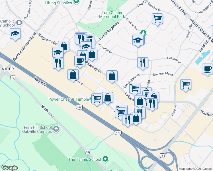 map of restaurants, bars, coffee shops, grocery stores, and more near 3300 Ridgeway Drive in Mississauga