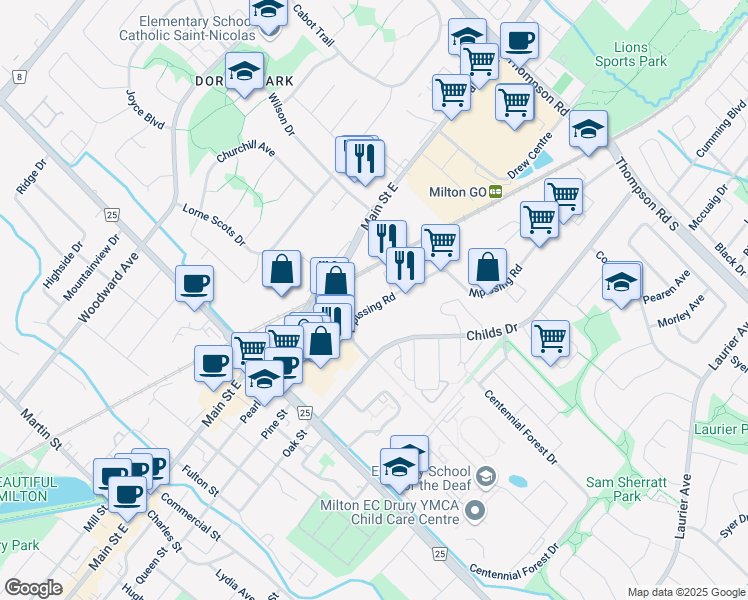 map of restaurants, bars, coffee shops, grocery stores, and more near 123 Nipissing Road in Milton