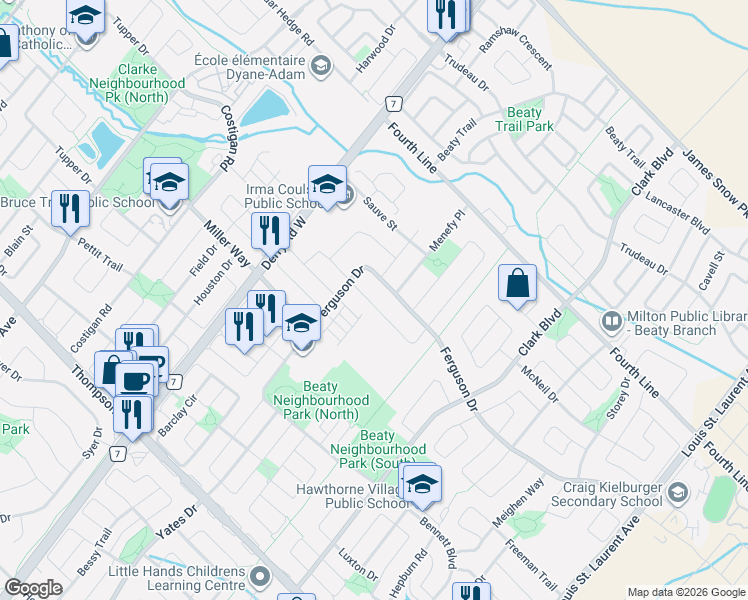 map of restaurants, bars, coffee shops, grocery stores, and more near 737 Agnew Crescent in Milton