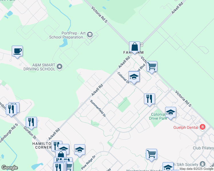 map of restaurants, bars, coffee shops, grocery stores, and more near 42 Hasler Crescent in Guelph