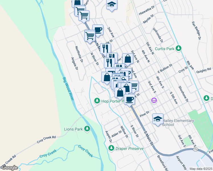map of restaurants, bars, coffee shops, grocery stores, and more near 223-299 North River Street in Hailey