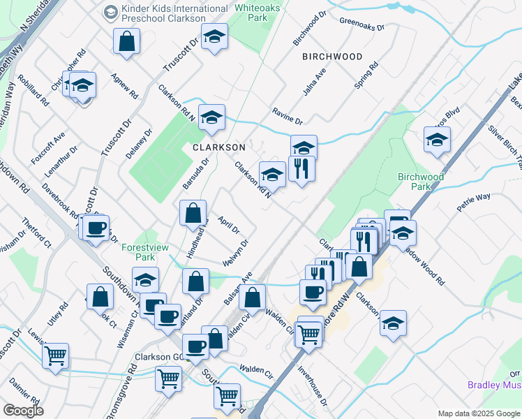 map of restaurants, bars, coffee shops, grocery stores, and more near 1205 Clarkson Road North in Mississauga