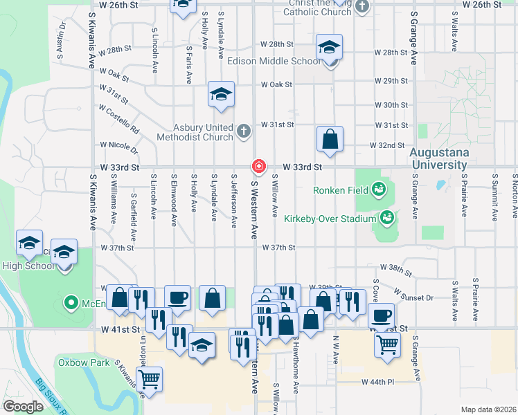 map of restaurants, bars, coffee shops, grocery stores, and more near 2705 South Western Avenue in Sioux Falls