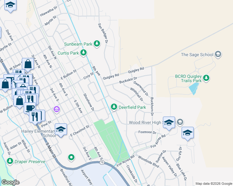 map of restaurants, bars, coffee shops, grocery stores, and more near 351 Deertrail Drive in Hailey