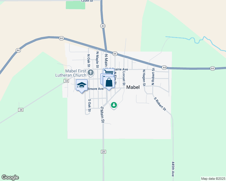 map of restaurants, bars, coffee shops, grocery stores, and more near 106 North Elm Street in Mabel