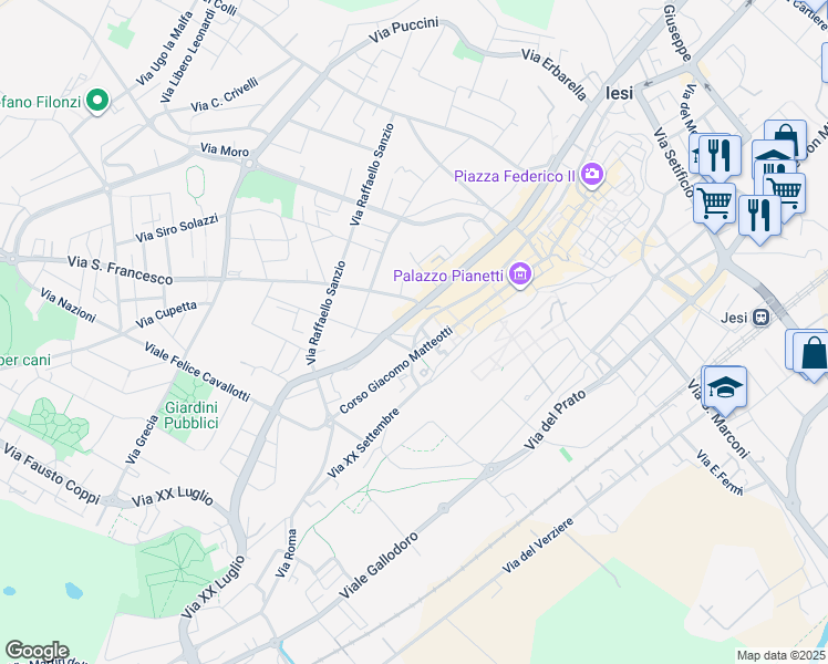 map of restaurants, bars, coffee shops, grocery stores, and more near 68 Viale della Vittoria in Jesi