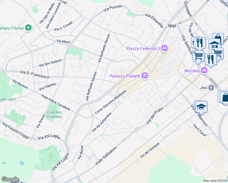 map of restaurants, bars, coffee shops, grocery stores, and more near 68 Viale della Vittoria in Jesi
