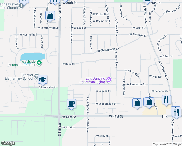 map of restaurants, bars, coffee shops, grocery stores, and more near 2408 South Purdue Avenue in Sioux Falls