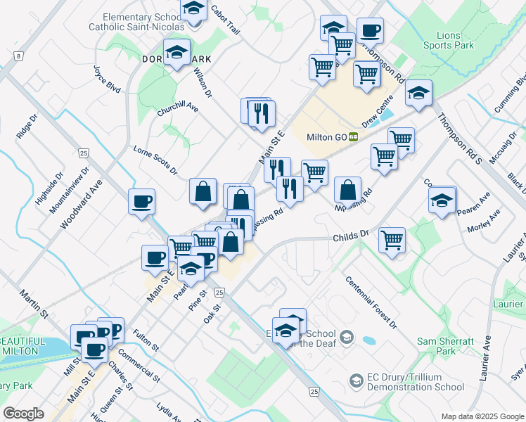 map of restaurants, bars, coffee shops, grocery stores, and more near 143 Nipissing Road in Milton