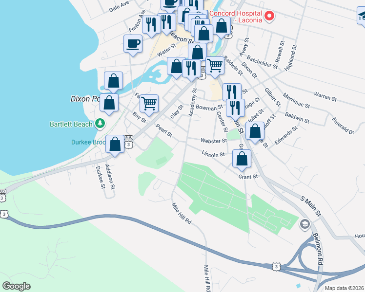map of restaurants, bars, coffee shops, grocery stores, and more near 108 Academy Street in Laconia