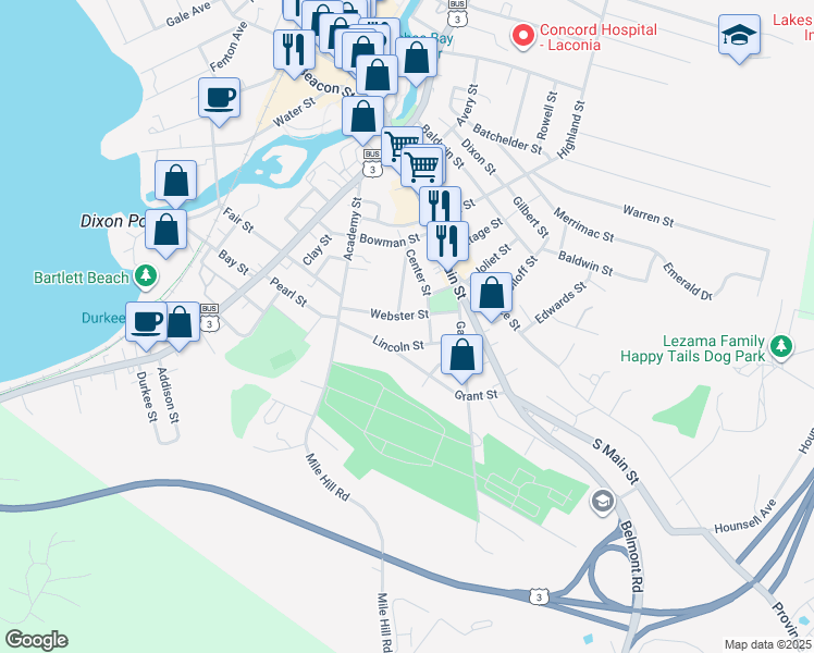 map of restaurants, bars, coffee shops, grocery stores, and more near 51 Center Street in Laconia