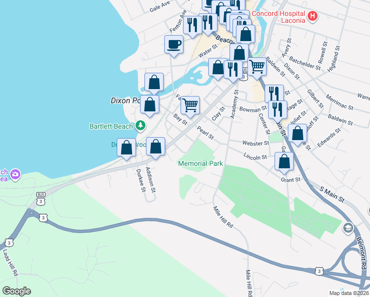 map of restaurants, bars, coffee shops, grocery stores, and more near 230 Court Street in Laconia