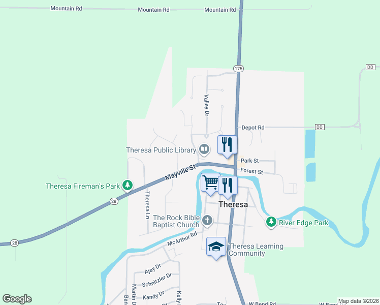 map of restaurants, bars, coffee shops, grocery stores, and more near 205 Willow Lane in Theresa