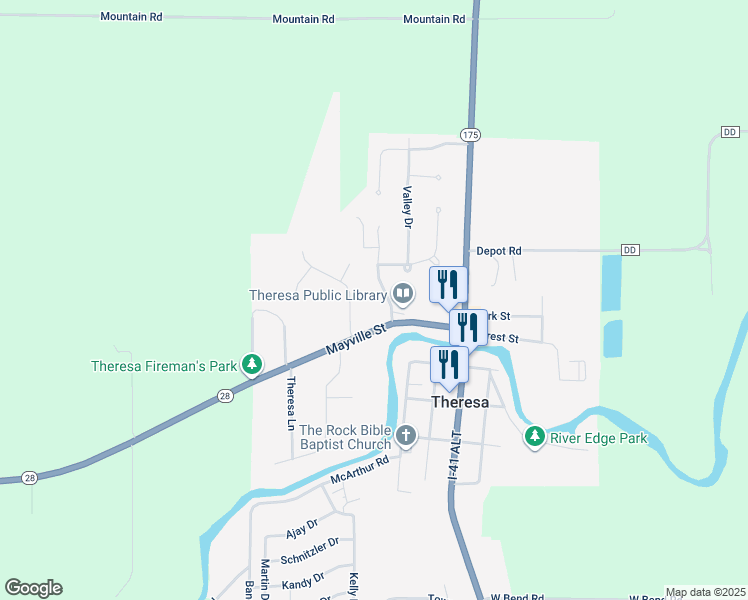 map of restaurants, bars, coffee shops, grocery stores, and more near 205 Willow Lane in Theresa