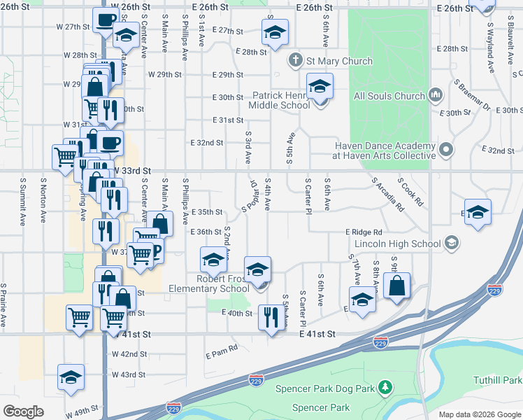 map of restaurants, bars, coffee shops, grocery stores, and more near 401-499 E 34th St in Sioux Falls