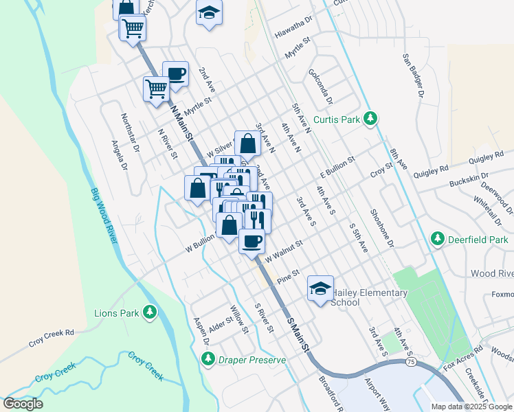 map of restaurants, bars, coffee shops, grocery stores, and more near 117-199 2nd Avenue North in Hailey