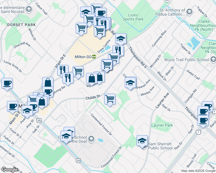 map of restaurants, bars, coffee shops, grocery stores, and more near 759 Childs Drive in Milton