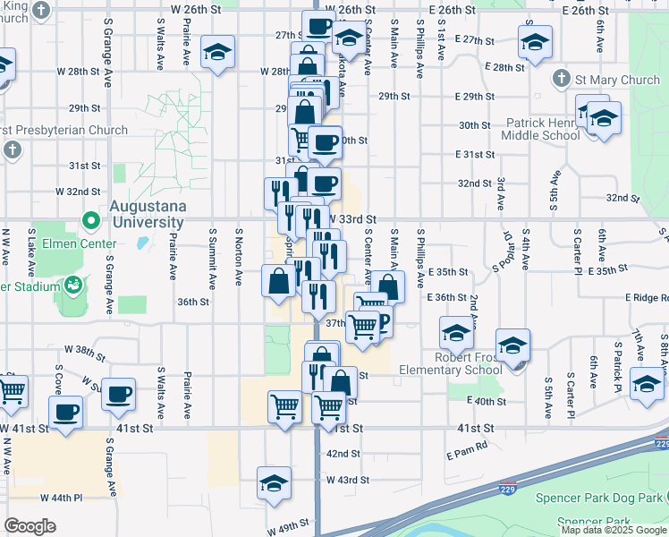 map of restaurants, bars, coffee shops, grocery stores, and more near 400 West 34th Street in Sioux Falls