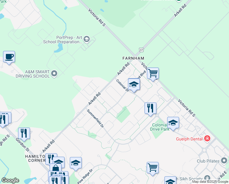 map of restaurants, bars, coffee shops, grocery stores, and more near 64 Hasler Crescent in Guelph