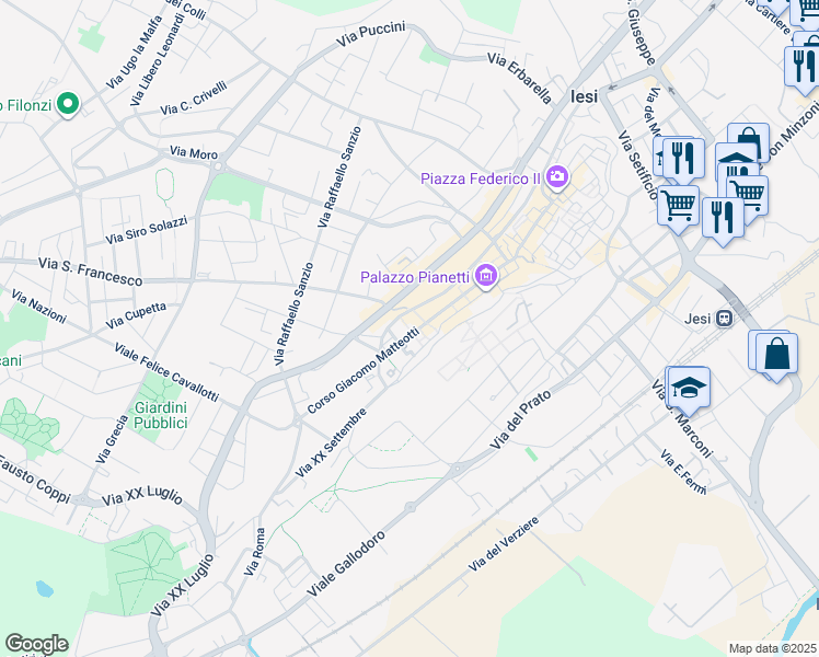 map of restaurants, bars, coffee shops, grocery stores, and more near 68 Viale della Vittoria in Jesi