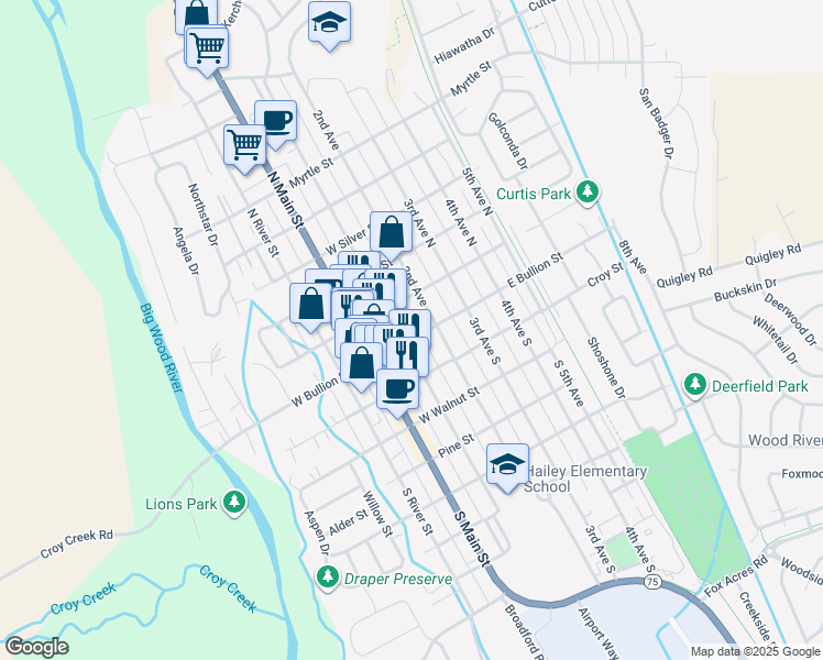 map of restaurants, bars, coffee shops, grocery stores, and more near 199 2nd Ave N in Hailey