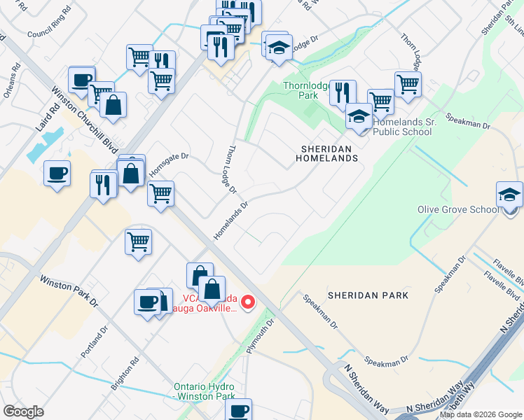 map of restaurants, bars, coffee shops, grocery stores, and more near 2820 Hollington Crescent in Mississauga