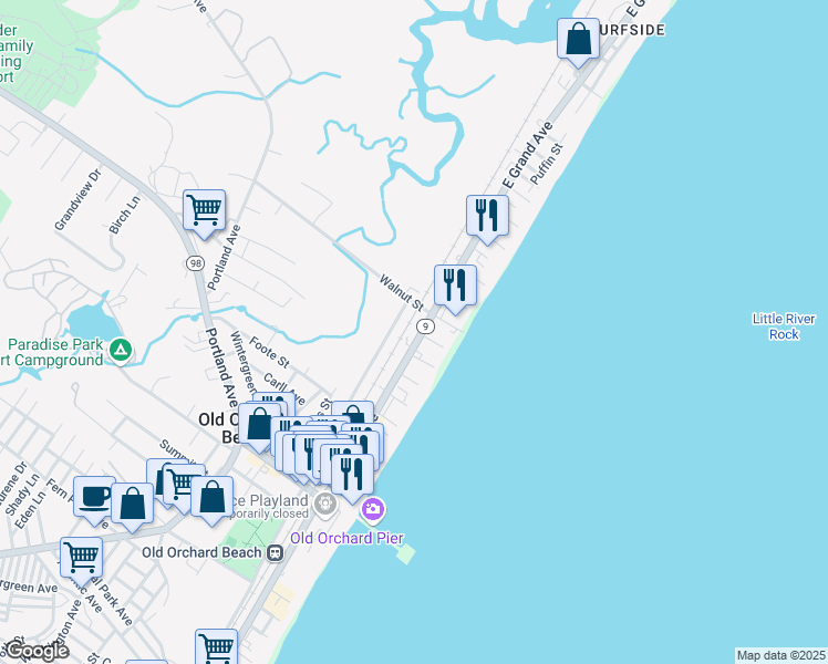 map of restaurants, bars, coffee shops, grocery stores, and more near 76 Milliken Street in Old Orchard Beach
