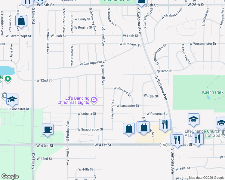 map of restaurants, bars, coffee shops, grocery stores, and more near 7416 West Harvard Drive in Sioux Falls