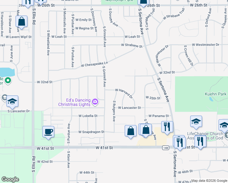 map of restaurants, bars, coffee shops, grocery stores, and more near 7416 West Harvard Drive in Sioux Falls