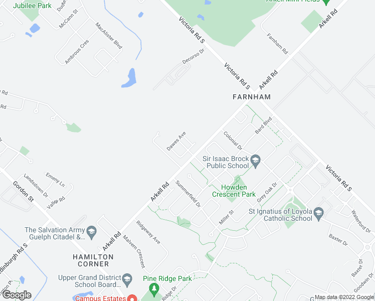 map of restaurants, bars, coffee shops, grocery stores, and more near Amos Drive in Guelph