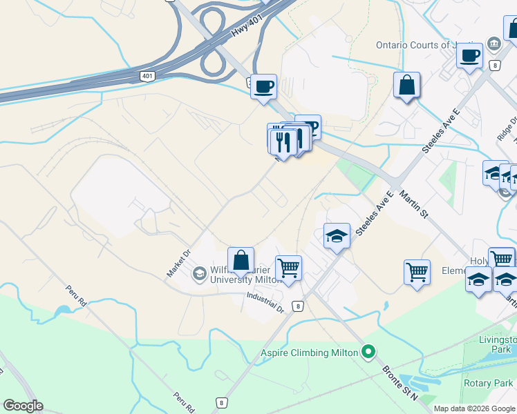 map of restaurants, bars, coffee shops, grocery stores, and more near 140 Market Drive in Milton