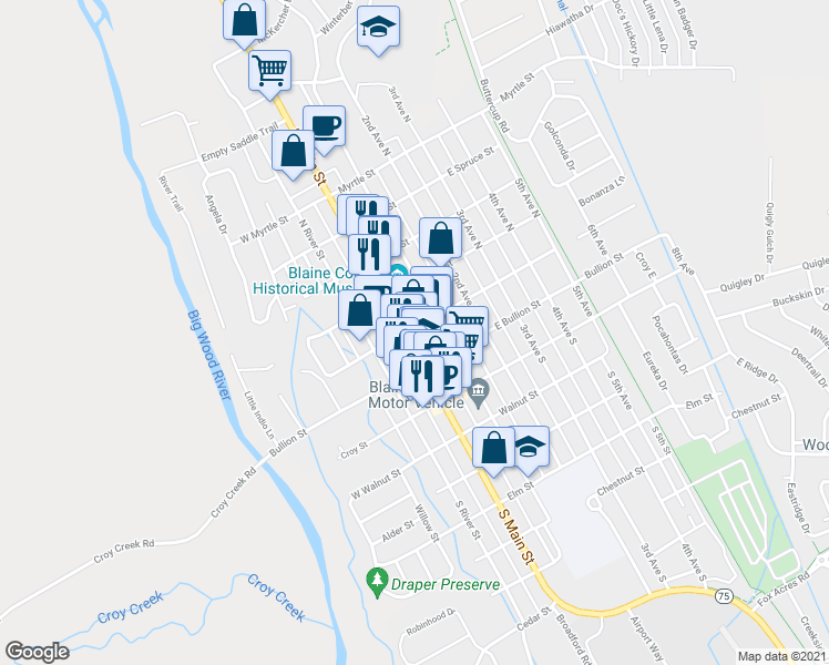 map of restaurants, bars, coffee shops, grocery stores, and more near 120 North Main Street in Hailey