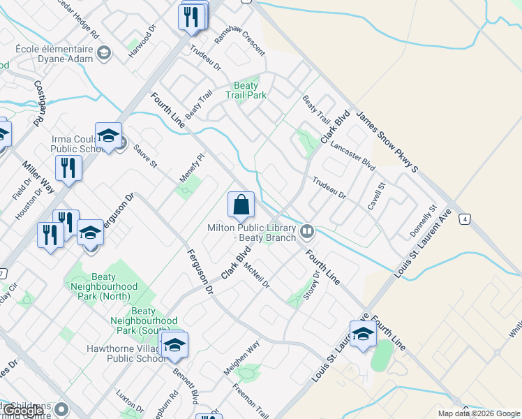 map of restaurants, bars, coffee shops, grocery stores, and more near 854 Fourth Line in Milton