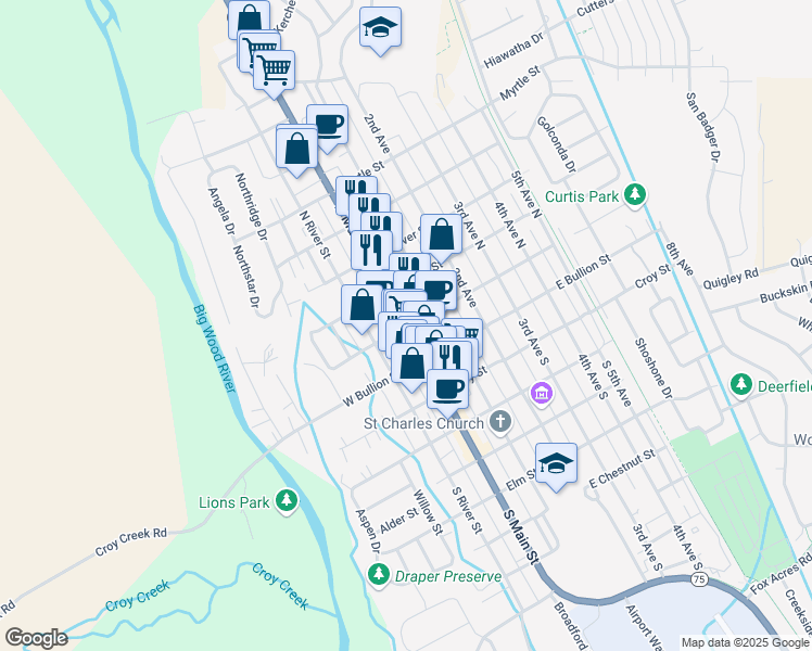 map of restaurants, bars, coffee shops, grocery stores, and more near 120 North Main Street in Hailey