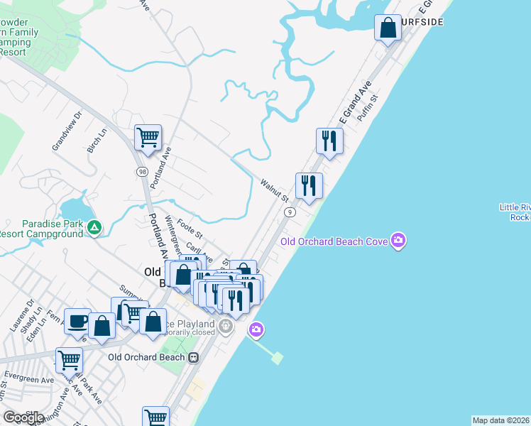 map of restaurants, bars, coffee shops, grocery stores, and more near 77 Milliken Street in Old Orchard Beach