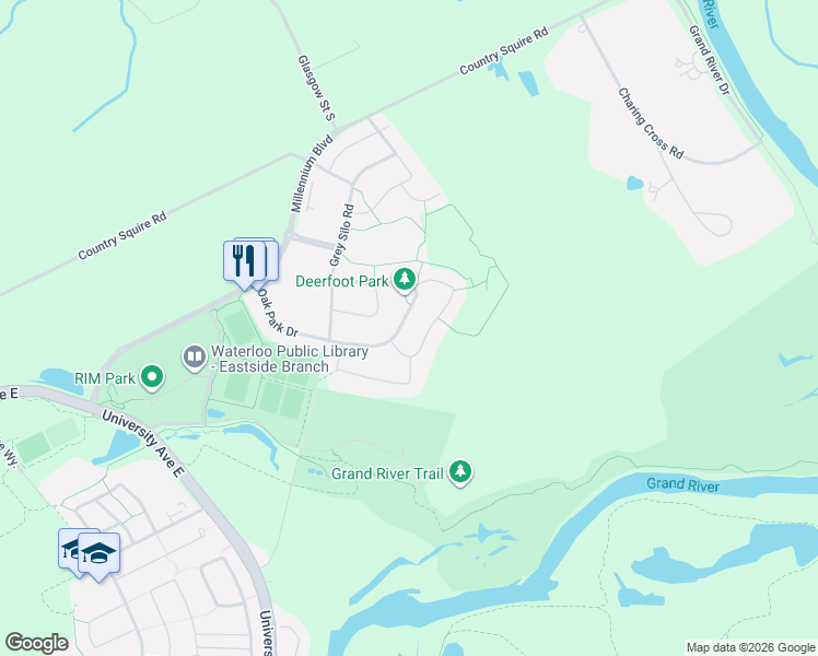 map of restaurants, bars, coffee shops, grocery stores, and more near 325 Deerfoot Trail in Waterloo
