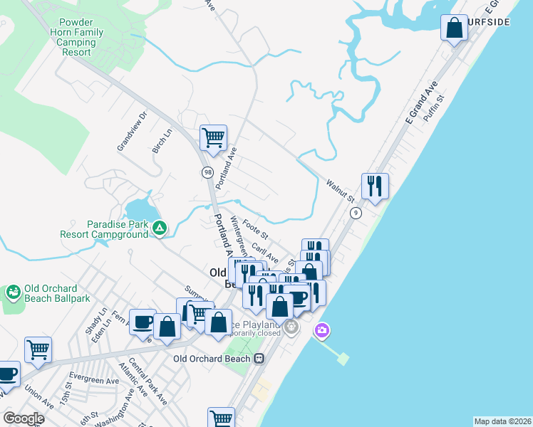 map of restaurants, bars, coffee shops, grocery stores, and more near 15 Smith Avenue in Old Orchard Beach