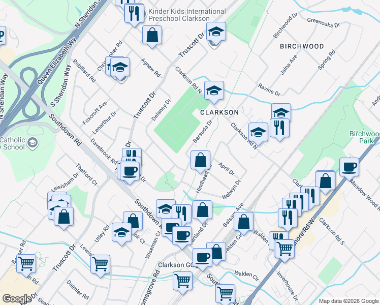 map of restaurants, bars, coffee shops, grocery stores, and more near 1879 Barsuda Drive in Mississauga