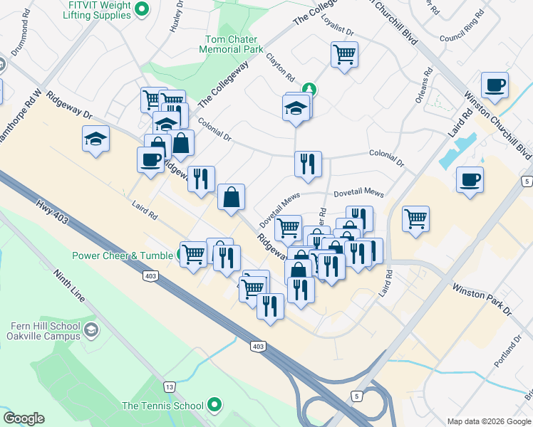map of restaurants, bars, coffee shops, grocery stores, and more near 3419 Dovetail Mews in Mississauga