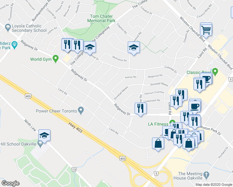 map of restaurants, bars, coffee shops, grocery stores, and more near 3419 Dovetail Mews in Mississauga